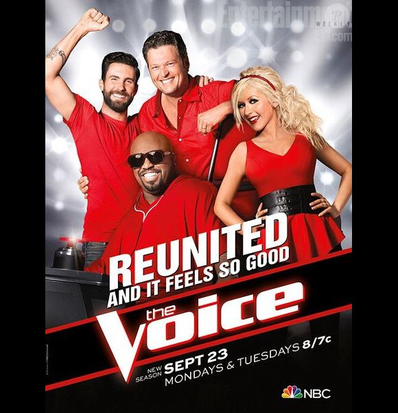 Christina Aguilera, Adam Levine, Cee Lo Green et Blake Shelton posent sur l'affiche promo de la 5e saison de The Voice, de retour le 23 septembre 2013.