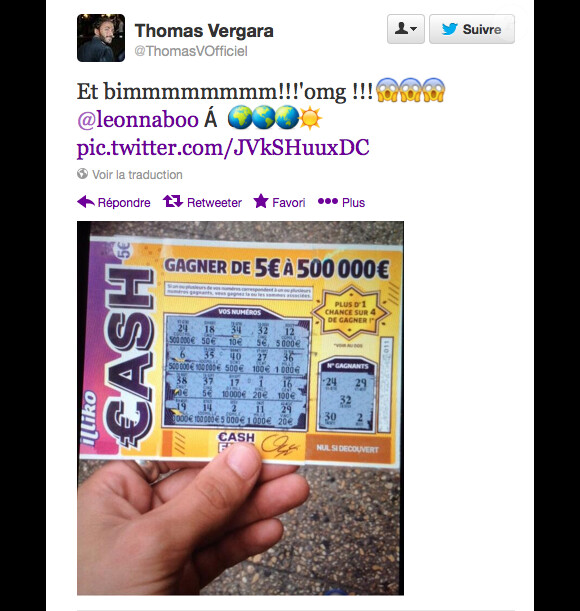 Thomas Vergara poste un ticket Cash gagnant : "Et bimmmmmmmm!!!'omg !!! @leonnaboo"