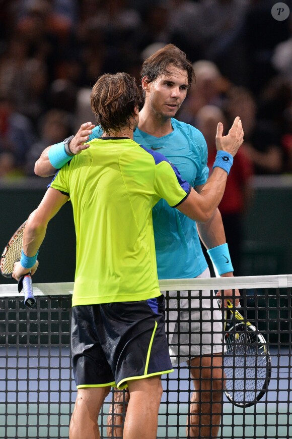 David Ferrer, victorieux de son compatriote Rafael Nadal en demi-finale du Masters de Paris-Bercy le 2 novembre 2013, va pouvoir défendre son titre face à Novak Djokovic.
