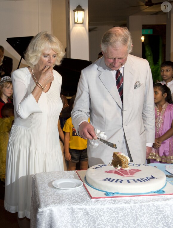 Le prince de Galles et son gâteau d'anniversaire au côté de son épouse Camilla lors d'une réception au British High Commission, à Colombo au Sri Lanka, le 14 novembre 2013