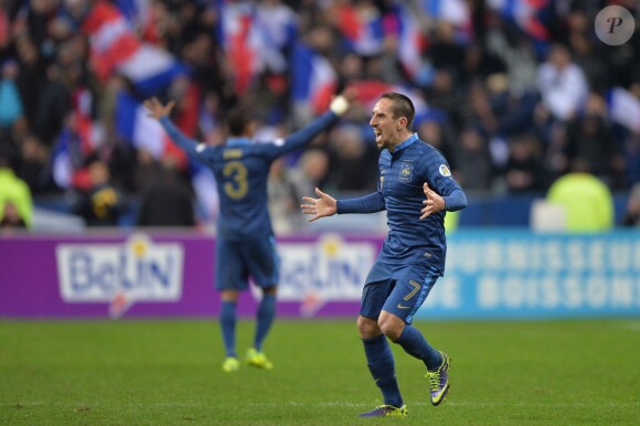 Franck Ribéry après la qualification de léquipe de France pour le mondial au Brésil en 2014 après sa victoire face à l'Ukraine (3-0), à Saint-Denis le 19 novembre 2013