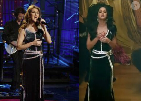 Céline Dion en 2004 et Katy Perry dans son clip Unconditionally (2013)