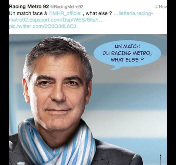 George Clooney, star d'une pub pour le club Racing 92 dans l'édition francilienne de "20 minutes" daté du 26 novembre 2013.