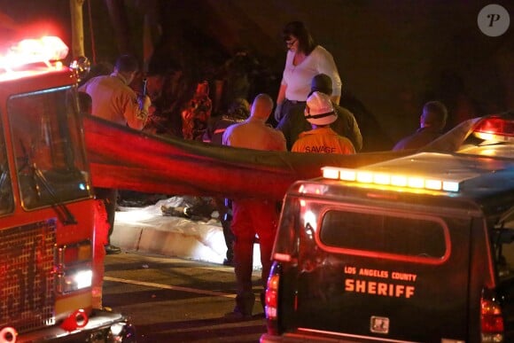 Les autorités intervenant et examinant la scène de l'accident fatal à l'acteur Paul Walker, star de Fast and Furious, tué à 40 ans dans le crash d'une Porsche GT dont il était le passager, le 30 novembre 2013 à Santa Clarita (nord de Los Angeles).