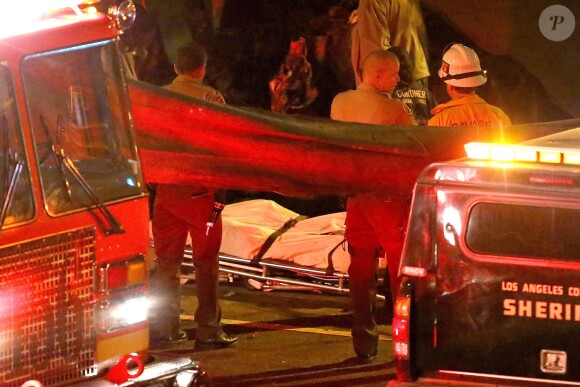 Les autorités intervenant et examinant la scène de l'accident fatal à l'acteur Paul Walker, star de Fast and Furious, tué à 40 ans dans le crash d'une Porsche GT dont il était le passager, le 30 novembre 2013 à Santa Clarita (nord de Los Angeles).