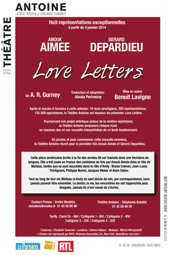 Présentation du spectacle Love Letters, en représentations dès janvier 2014 au théâtre Antoine à Paris
