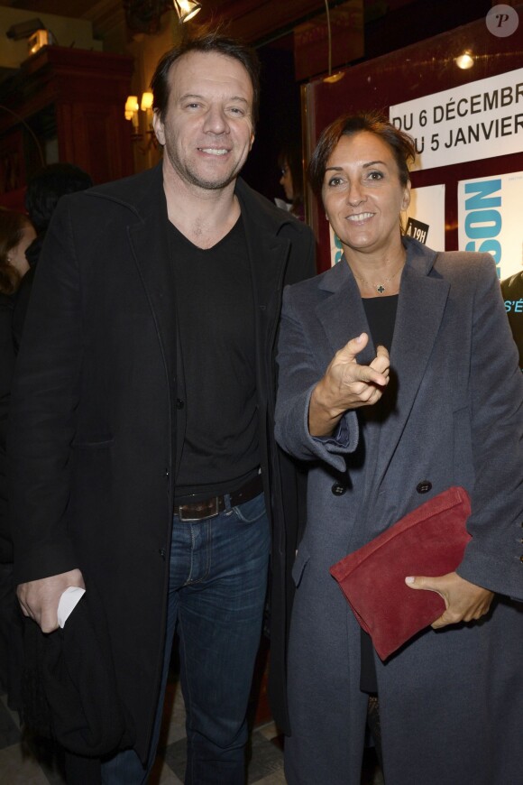 Samuel Le Bihan et Emmanuelle Demaison à la générale du nouveau spectacle de Francois-Xavier Demaison au Théâtre Edouard VII à Paris, le 10 décembre 2013.
