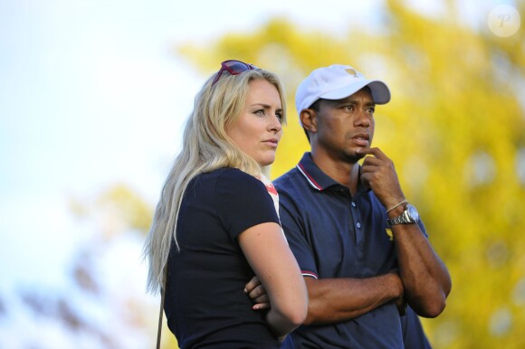 Lindsey Vonn et son compagnon Tiger Woods lors de la Presidents Cup au Muirfield Village Golf Club de Dublin aux Etats-Unis, le 3 octobre 2013