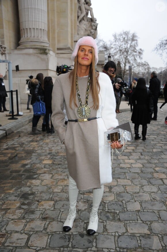 Anna Dello Russo arrive au Grand Palais pour assister au défilé Chanel haute couture printemps-été 2014. Paris, le 21 janvier 2014.