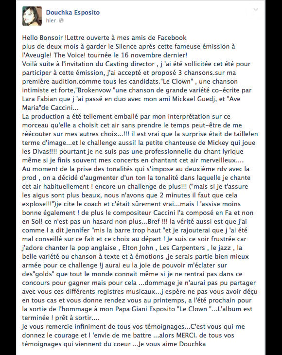 Douchka Esposito - sa lettre ouverte sur Facebook le 26 janvier 2014