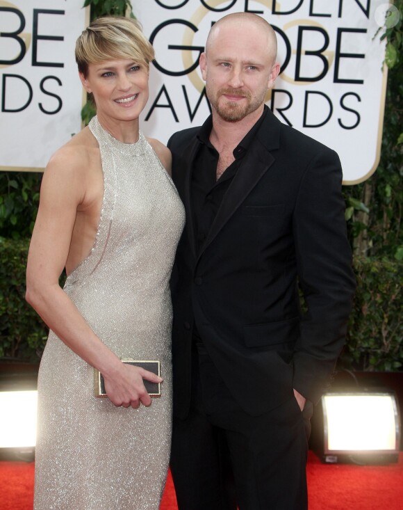 Ben Foster et sa fiancée Robin Wright, amoureux aux Golden Globe Awards à Beverly Hills, le 12 janvier 2014.