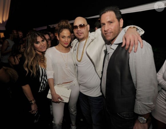 Loren Ridinger, Jennifer Lopez, Fat Joe, Marc Ashley lors de la soirée de lancement du Fat Joe's Market America UnFranchise Business à Miami Beach, le 8 février 2014.