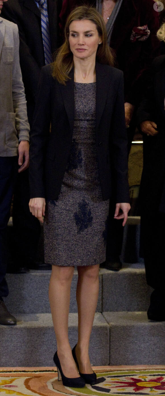 Letizia d'Espagne recevant en audience à la Zarzuela une délégation de la FEDER et de la FEDRA (les fédérations des maladies rares d'Espagne et du Portugal), le 10 février 2014 à Madrid.
