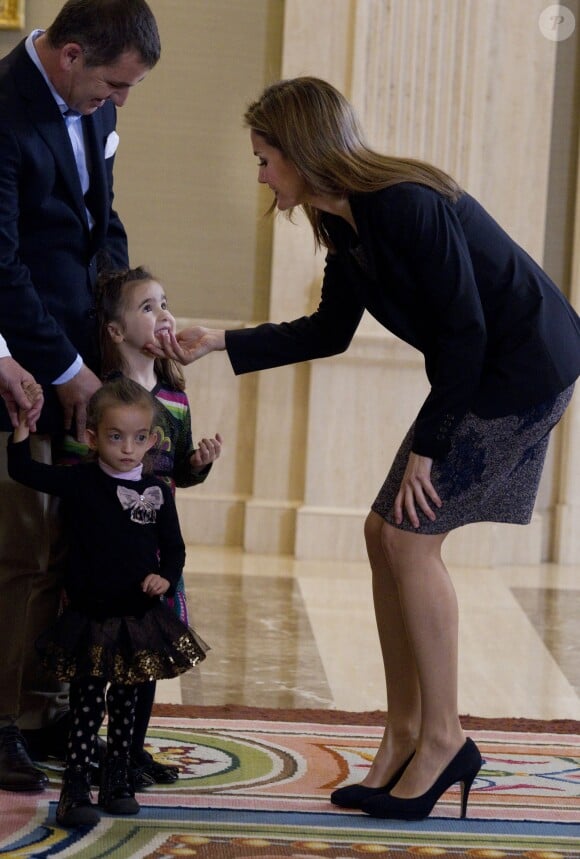 Letizia d'Espagne recevant en audience à la Zarzuela une délégation de la FEDER et de la FEDRA (les fédérations des maladies rares d'Espagne et du Portugal), le 10 février 2014 à Madrid.