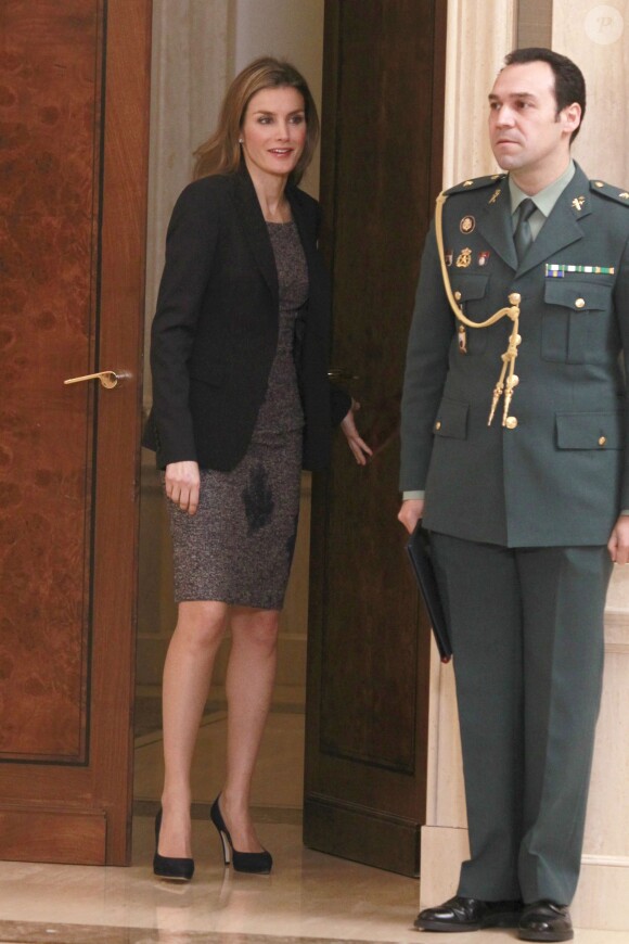 La princesse Letizia d'Espagne au palais de la Zarzuela le 10 février 2014, lors d'une journée d'audiences.
