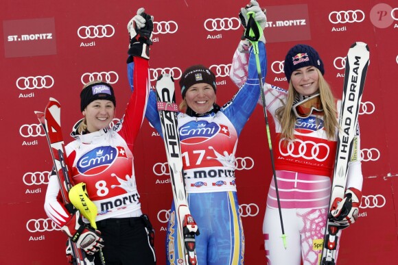 Anja Paerson, Michaela Kirchgasser et Lindsey Vonn lors du super-combiné de St Moritz, le 29 janvier 2010