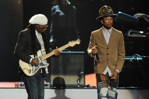 Nile Rodgers et Pharrell Williams lors de la clôture de la soirée des "Brit Awards 2014" en partenariat avec MasterCard à Londres, le 19 février 2014.