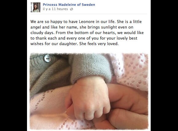 Madeleine de Suède a publié le 4 mars 2014 cette adorable photo de sa fille la princesse Leonore, née le 20 février, avec un message plein d'amour.