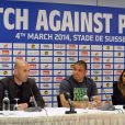 Zinédine Zidane, Ronaldo et Marta Vieira Silva lors de la conférence de presse du 11ème match annuel contre la pauvreté à Berne en Suisse le 4 mars 2014.