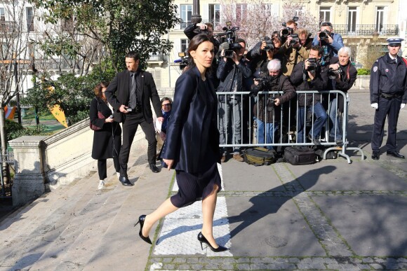 Aurélie Filippetti lors des funérailles d'Alain Resnais en l'église Saint-Vincent-de-Paul à Paris le 10 mars 2014