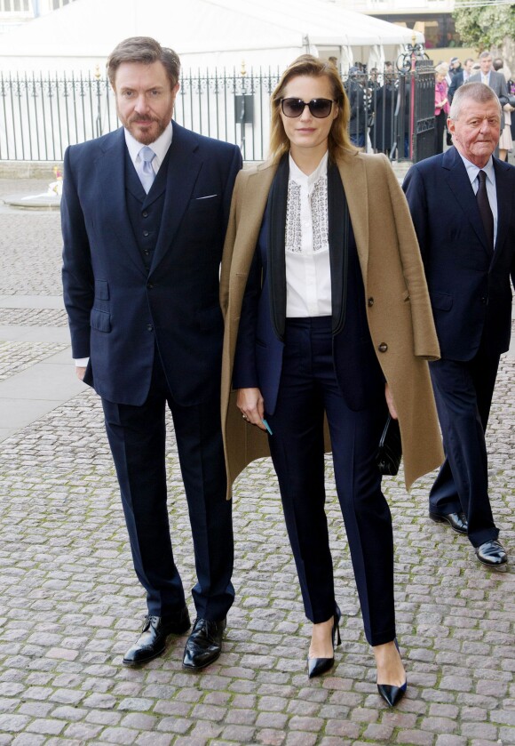 Simon Le Bon et sa femme Yasmin se rendent à une messe en hommage à Sir David Frost à Westminster Abbey à Londres, le 13 mars 2014.