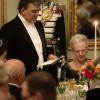 Le président turc Abdullah Gül et la reine Margrethe II de Danemark ont prononcé chacun un discours et porté un toast au dîner de gala donné au palais Christian VII, à Copenhague, le 17 mars 2014 en l'honneur de la visite officielle du couple présidentiel turc.