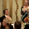 Le président turc Abdullah Gül et la reine Margrethe II de Danemark ont prononcé chacun un discours et porté un toast au dîner de gala donné au palais Christian VII, à Copenhague, le 17 mars 2014 en l'honneur de la visite officielle du couple présidentiel turc.