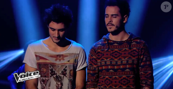 Les Fréro Delavega lors de l'ultime épreuve de The Voice 3 sur TF1 le samedi 29 mars 2014