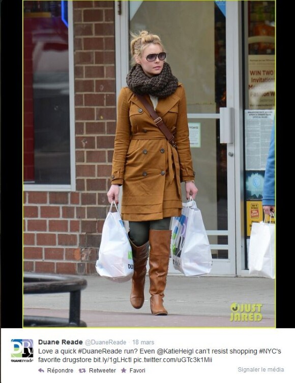 L'enseigne Duane Reade a utilisé une photo de Katherine Heigl, sortant d'un magasin de la marque à New York, en mars 2014, publiée par Just Jared pour faire sa promo. La star réclame 6 millions de dollars.