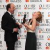Rory Kinnear (meilleur acteur pour son rôle dans "Othello") et Lesley Manville (meilleure actrice pour son rôle dans "Les revenants") lors de la cérémonie des Laurence Olivier Awards 2014 au Royal Opera House à Londres, le 13 avril 2014.