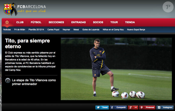 Le FC Barcelone a annoncé la mort de son ancien entraîneur Tito Vilanova, décédé des suites d'un cancer de la glande parotide le 25 avril 2014, à 45 ans