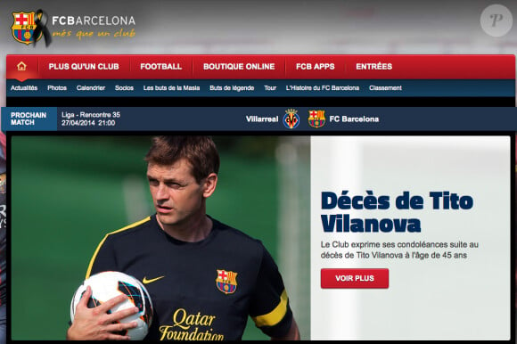 Le FC Barcelone a annoncé la mort de son ancien entraîneur Tito Vilanova, décédé des suites d'un cancer de la glande parotide le 25 avril 2014, à 45 ans