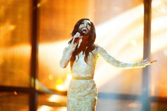 Conchita Wurst, qui représente l'Autriche, lors des répétitions du concours de l'Eurovision 2014 à Copenhague, le 9 mai 2014. 