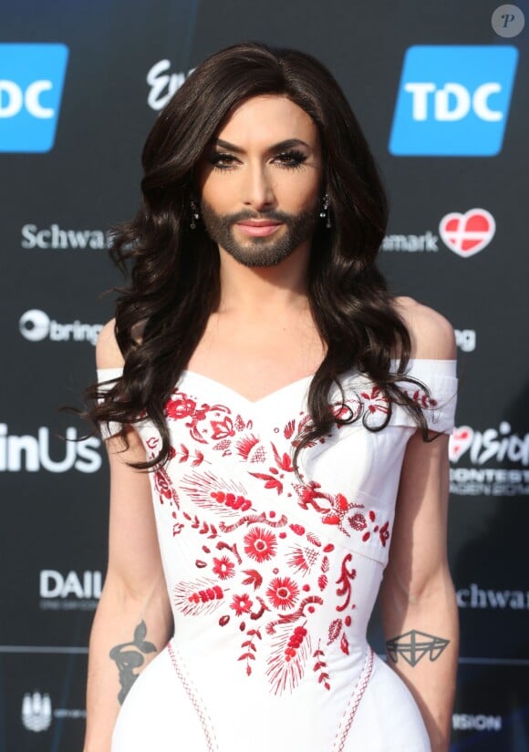 Conchita Würst (Autriche) lors de la cérémonie d'ouverture du 59ème concours de l'Eurovision à l'Hôtel de Ville de Copenhague. Le 4 mai 2014.