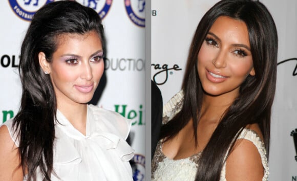 La transformation de Kim Kardashian. A gauche en 2007 avec des yeux plus ronds et un nez plus imposant. A droite, en 2012, avec le visage un peu trop tiré et un nez beaucoup plus fin et court.