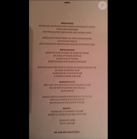 Le menu de la réception mariage de Kim Kardashian et Kanye West, concocté par le chef étoilé Giorgio Pinchiorri. Florence, le 24 mai 2014.