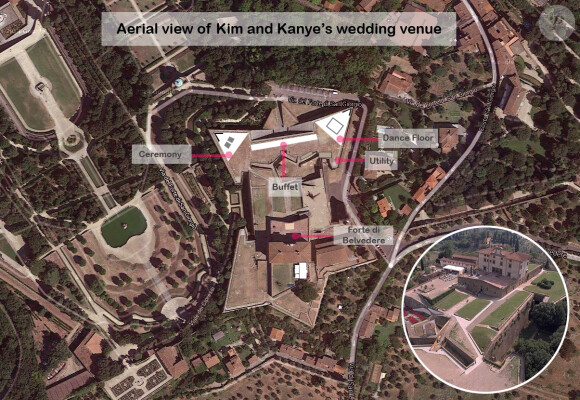 Vue aérienne du Forte di Belvedere où a lieu le mariage de Kim Kardashian et Kanye West. Florence, le 24 mai 2014.