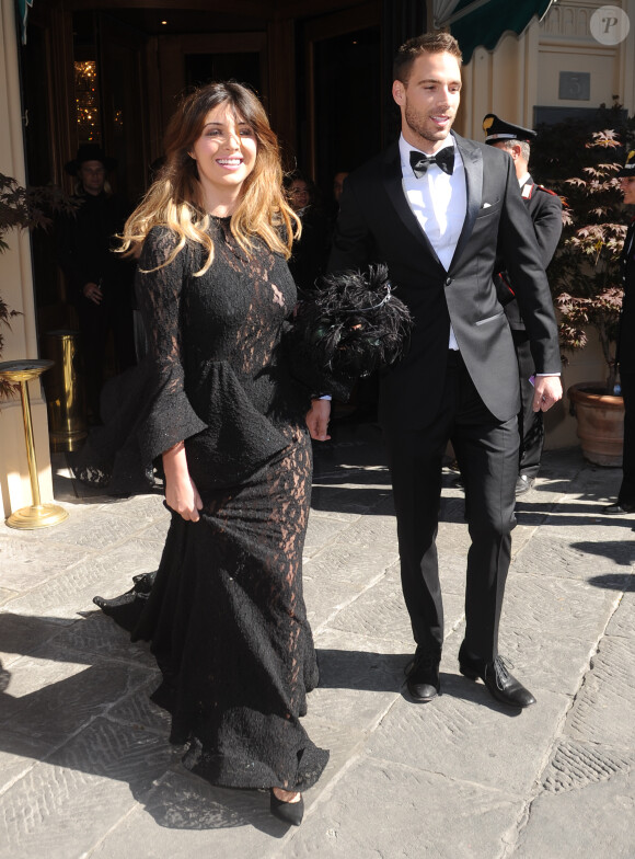 Brittny Gastineau et Simon Huck quittent l'hôtel Westin Excelsior pour se rendre au Forte di Belvedere. Florence, le 24 mai 2014.