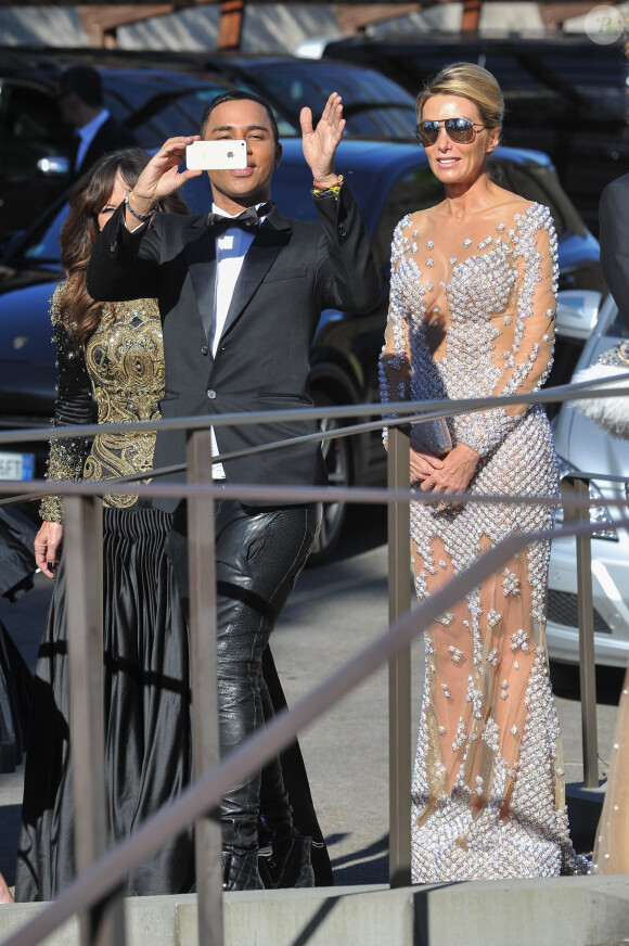 Robin Antin (à gauche) et Olivier Rousteing arrivent au Fort Belvedere pour assister au mariage de Kim Kardashian et Kanye West. Florence, le 24 mai 2014.