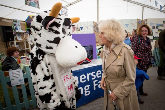 Camilla Parker Bowles discute avec une agricultrice déguisée en vache lors d'un événement dans le Somerset, le 28 mai 2014