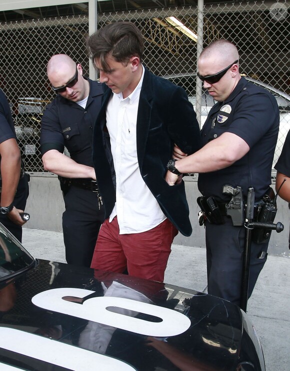 Le journaliste ukrainien Vitalii Sediuk, connu pour ses apparitions impromptues sur les tapis rouges, arrêté et menotté par les policiers sur le tapis rouge de "Maléfique" après avoir agressé Brad Pitt à Los Angeles le 28 mai 2014.
