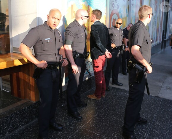 Le journaliste ukrainien Vitalii Sediuk, connu pour ses apparitions impromptues sur les tapis rouges, arrêté et menotté par les policiers sur le tapis rouge de "Maléfique" après avoir agressé Brad Pitt à Los Angeles le 28 mai 2014.
