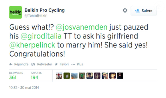 Jos van Emden a demandé sa petite amie Kimberly Herpelinck en mariage en pleine étape du Tour d’Italie vendredi 30 mai 2014. Son équipe Belkin a ensuite annoncé sur Twitter qu'elle avait bien dit oui. 