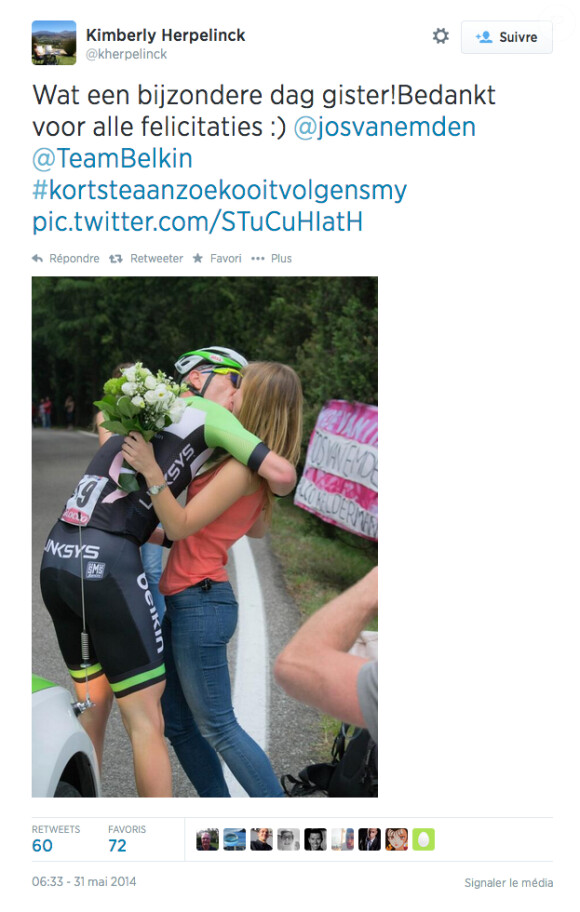 Jos van Emden a demandé sa petite amie Kimberly Herpelinck en mariage en pleine étape du Tour d’Italie vendredi 30 mai 2014. 