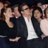 William Hague, Brad Pitt et Angelina Jolie lors du Global Summit To End Sexual Violence In Conflict à Londres le 12 juin 2014.