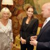 La duchesse de Cornouailles, Camilla Parker Bowles, reçoit Angelina Jolie et William Hague à Clarence House, le 12 juin 2014, pour parler de la campagne contre les violences sexuelles dans les zones de guerre.