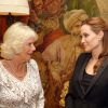 La duchesse de Cornouailles, Camilla Parker Bowles, reçoit Angelina Jolie à Clarence House, le 12 juin 2014, pour parler de la campagne contre les violences sexuelles dans les zones de guerre.