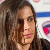 Helena Costa, lors de sa première conférence de presse après l'annonce de sa nomination à la tête du Clermont Foot 63, le 22 mai 2014 à Clermont-Ferrand