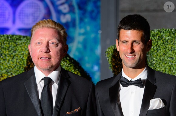 Novak Djokovic et Boris Becker lors du dîner des Champions au Royal Opera House de Covent Garden, à Londres le 6 juillet 2014