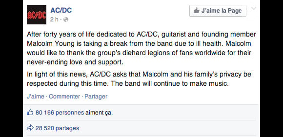 AC/DC dément les rumeurs de séparation mais annonce le départ de Malcolm Young, malade, dans un message Facebook publié le 16 avril 2014.